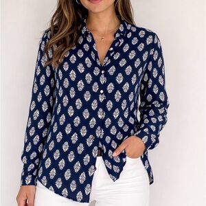 J. Crew Navy and White Printed Button-Down Shirt